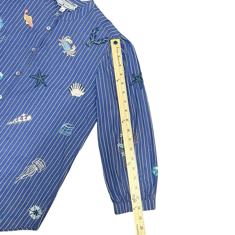 Johnny Was Workshop Striped Blue Embroidered Seashells Ocean Shirt XS Blouse - Picture 12 of 14